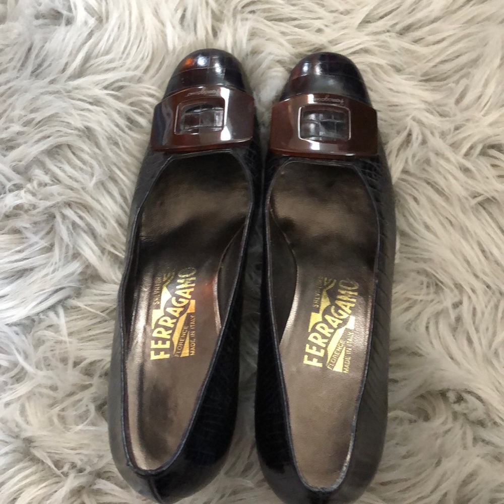 Authentic Vintage Ferragamo dark brown heels.